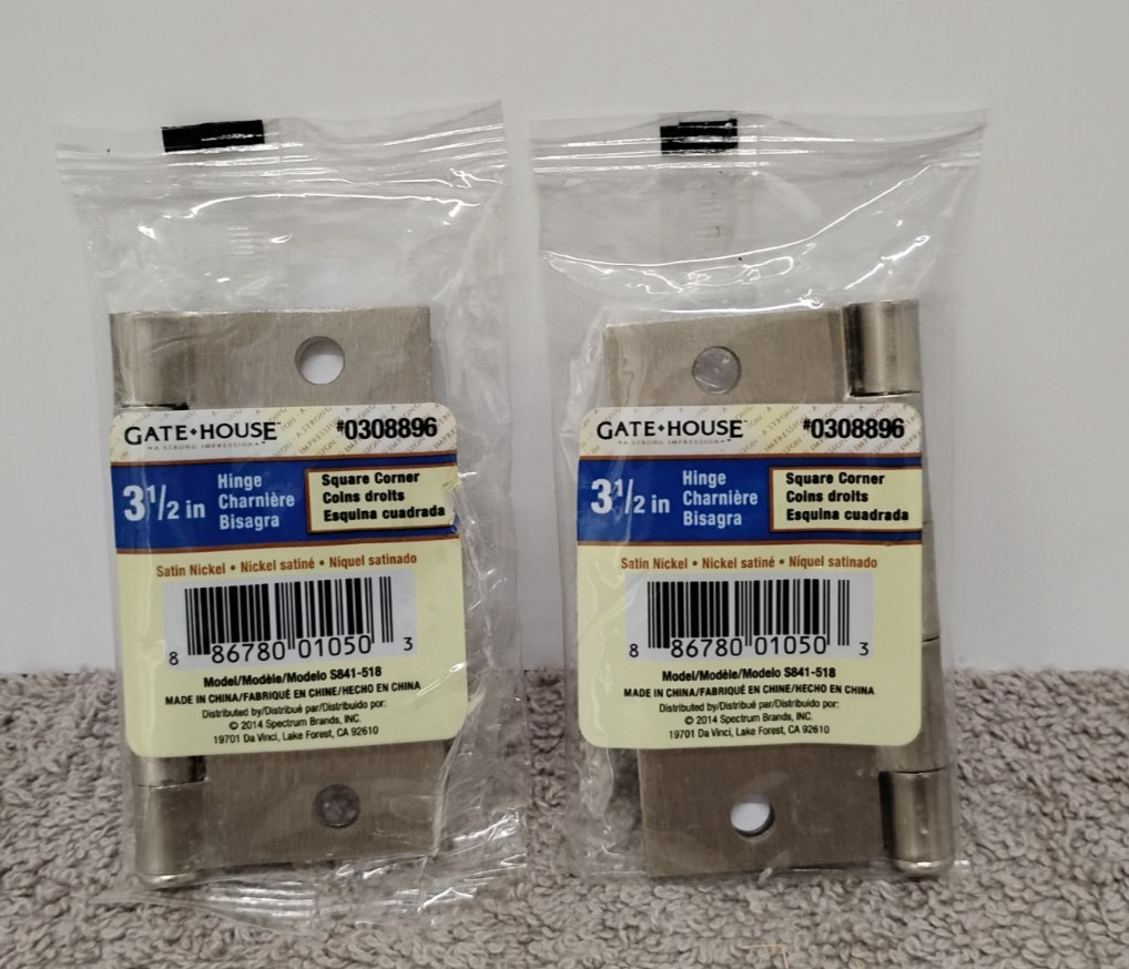 2 NEW - Satin Nickel 3 1/2" Door Hinges Square Corners Model S841-518. (00)