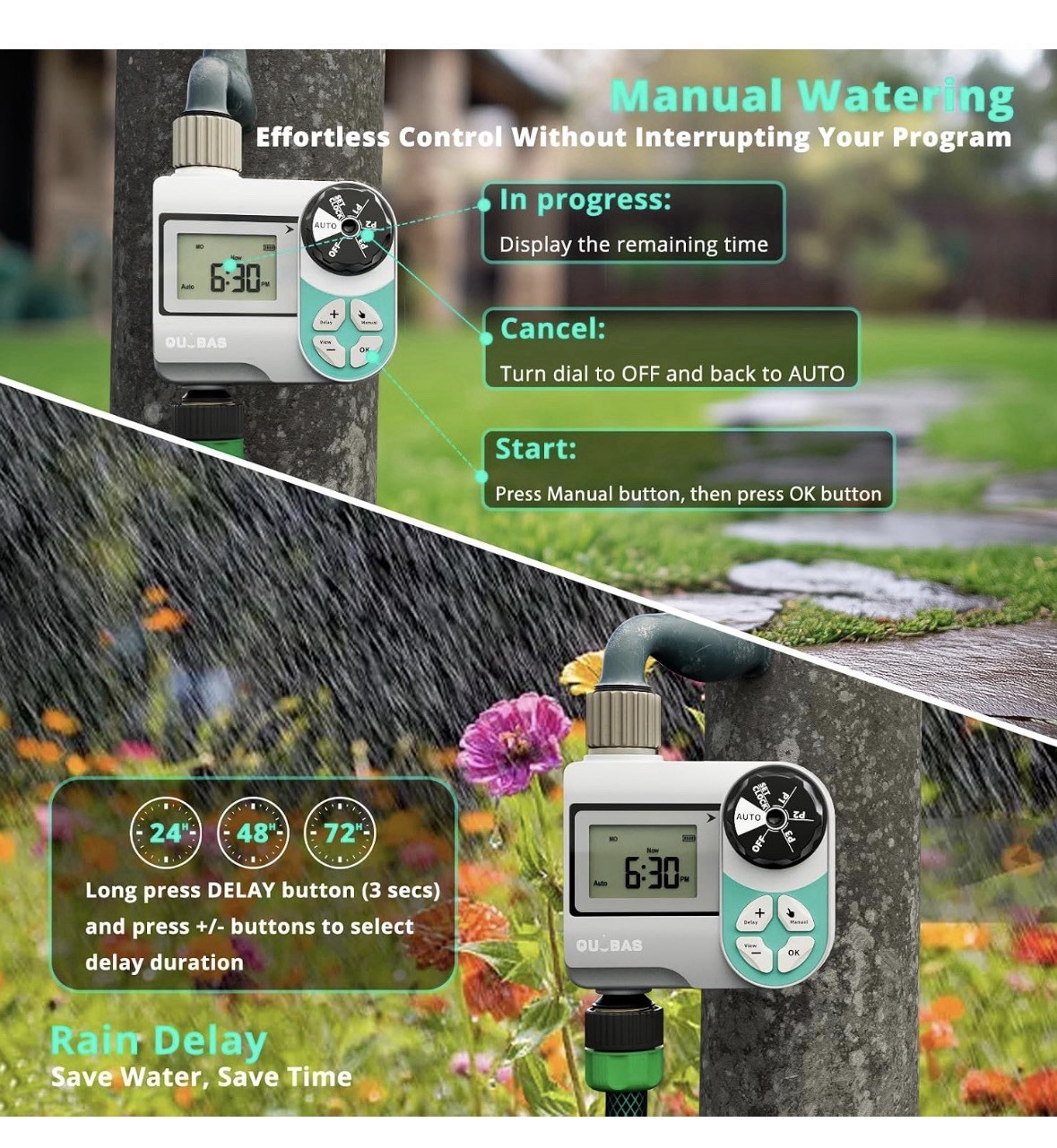 QUOBAS Weekly Plan 2 Zone Sprinkler Timer with Metal Inlet & Outlet, Water Timer