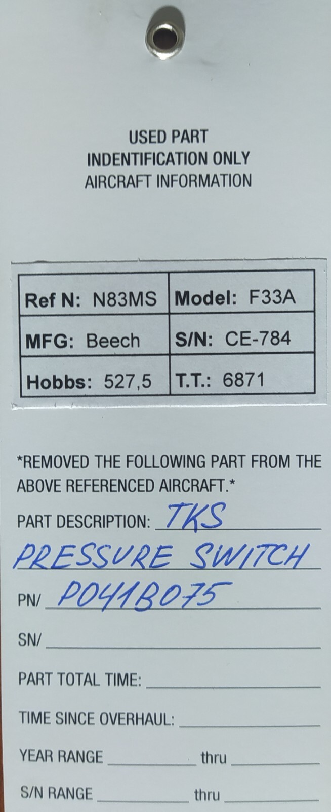 P041B075 TKS De-Ice Pressure Switch