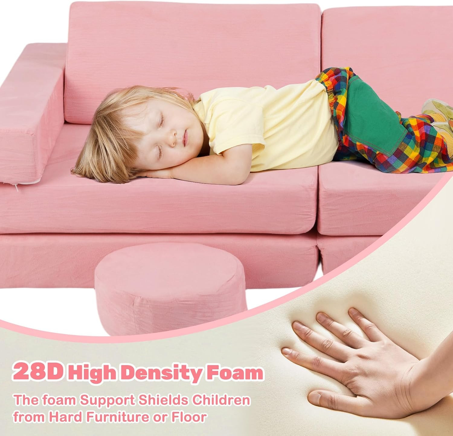 Modular Kids Play Couch - 13 PCS Soft Foam Sectional Sofa for Playroom (Pink)
