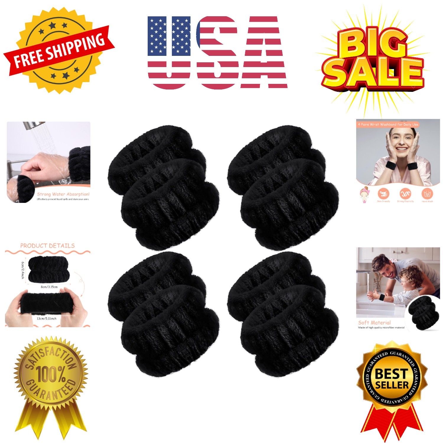 4 Pairs Wrist Bands for Washing Face Wrist Spa Microfiber Wash Towel Band Scr...