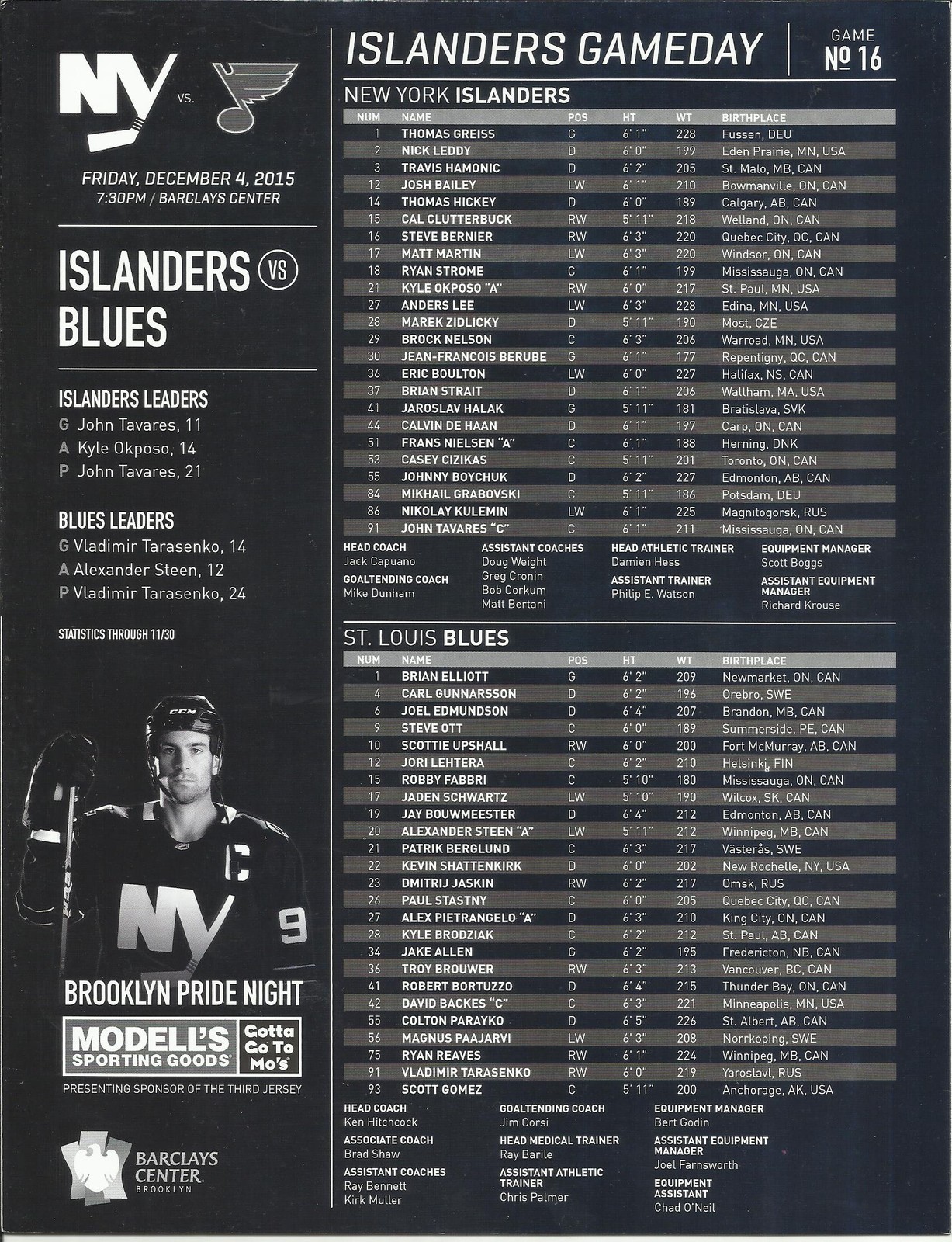 NEW YORK ISLANDERS ST. LOUIS BLUES GAMEDAY # 16 DECEMBER 4,2015 PROGRAM