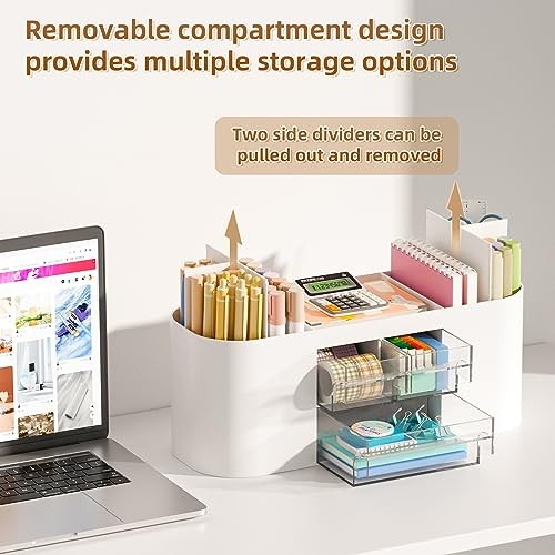 Desk Organizer Pen Holder for Desk with 3 Drawers, Multi-Functional White
