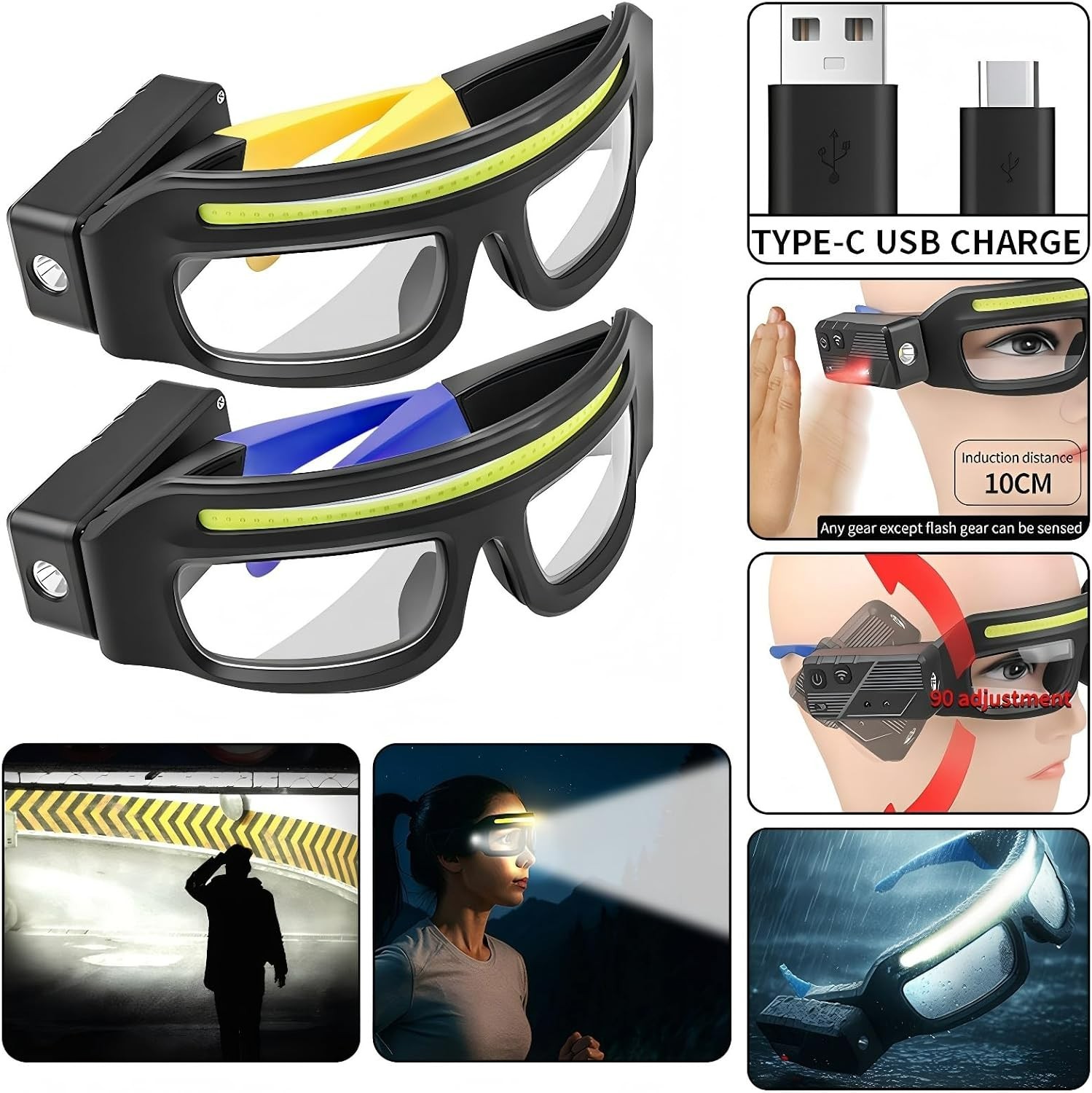 LED Safety Glasses w/ Lights Rechargeable Headlight Touch Control Hands-Free
