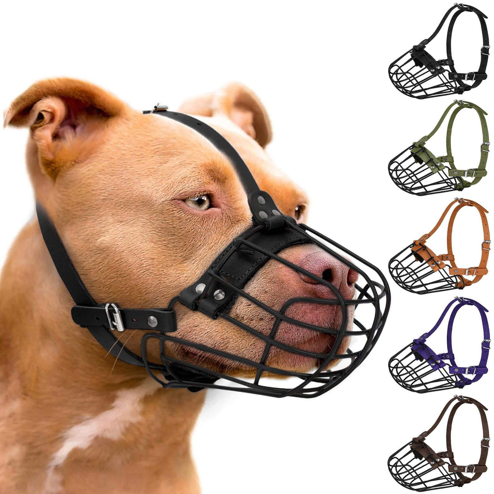 Dog Muzzle Large Metal Basket Adjustable Leather Straps Amstaff Staffordshire