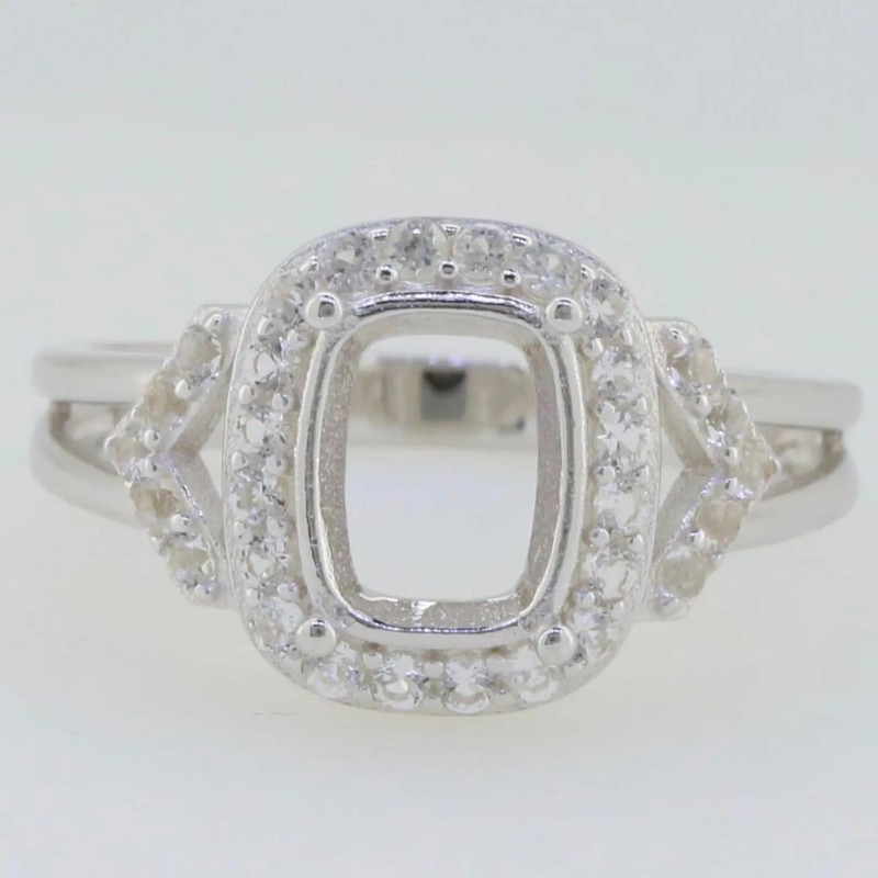 925 Sterling Silver 9x7mm Cushion Cut Semi Mount Ring Pavé Halo Women Ring