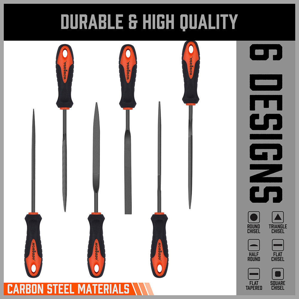 6pc Needle Files Set Flat Square Triangular Round Forged Heat-treat Steel