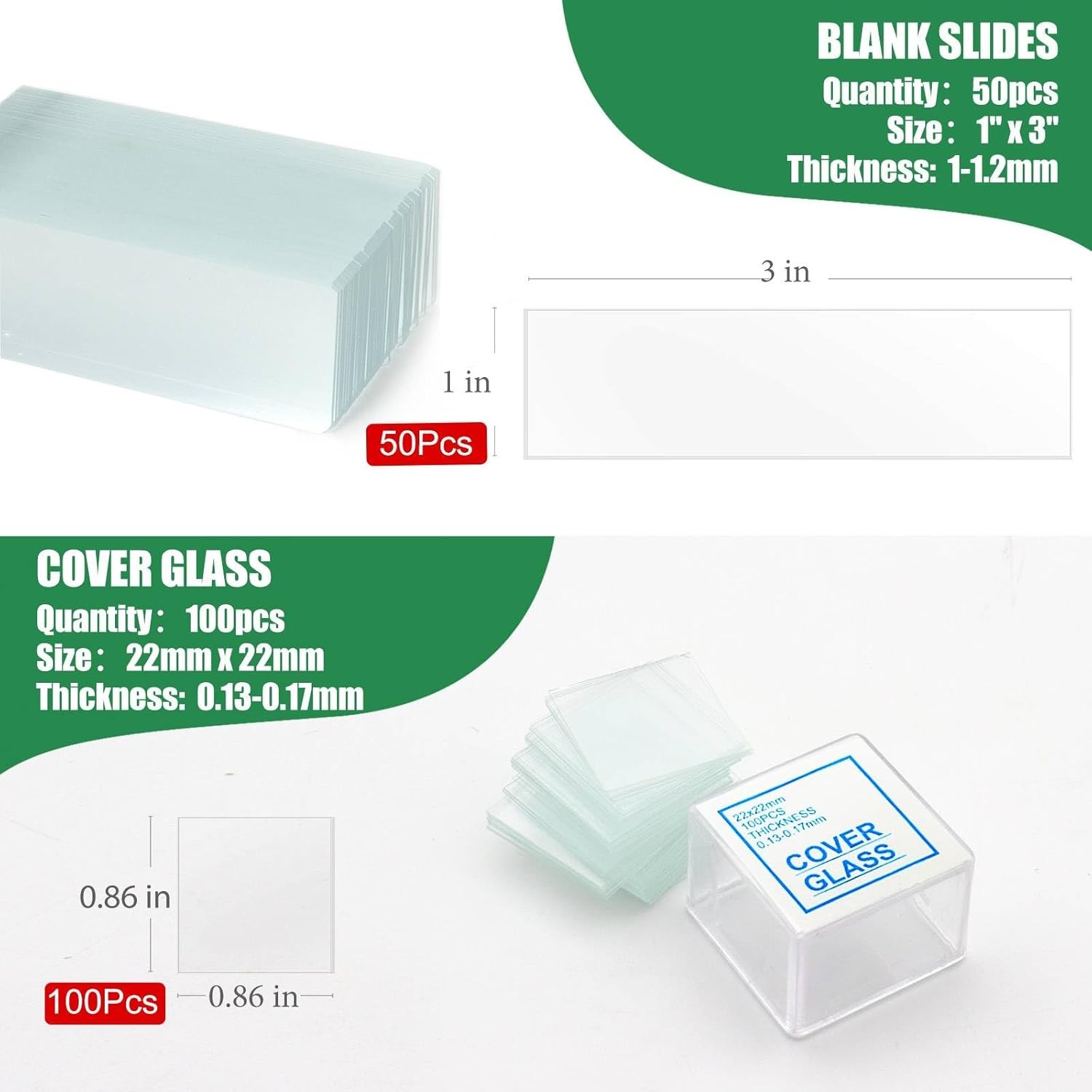 50 Pre-Cleaned Ultra-Clear Microscope Slides + 100 Coverslips 45° Ground Edged