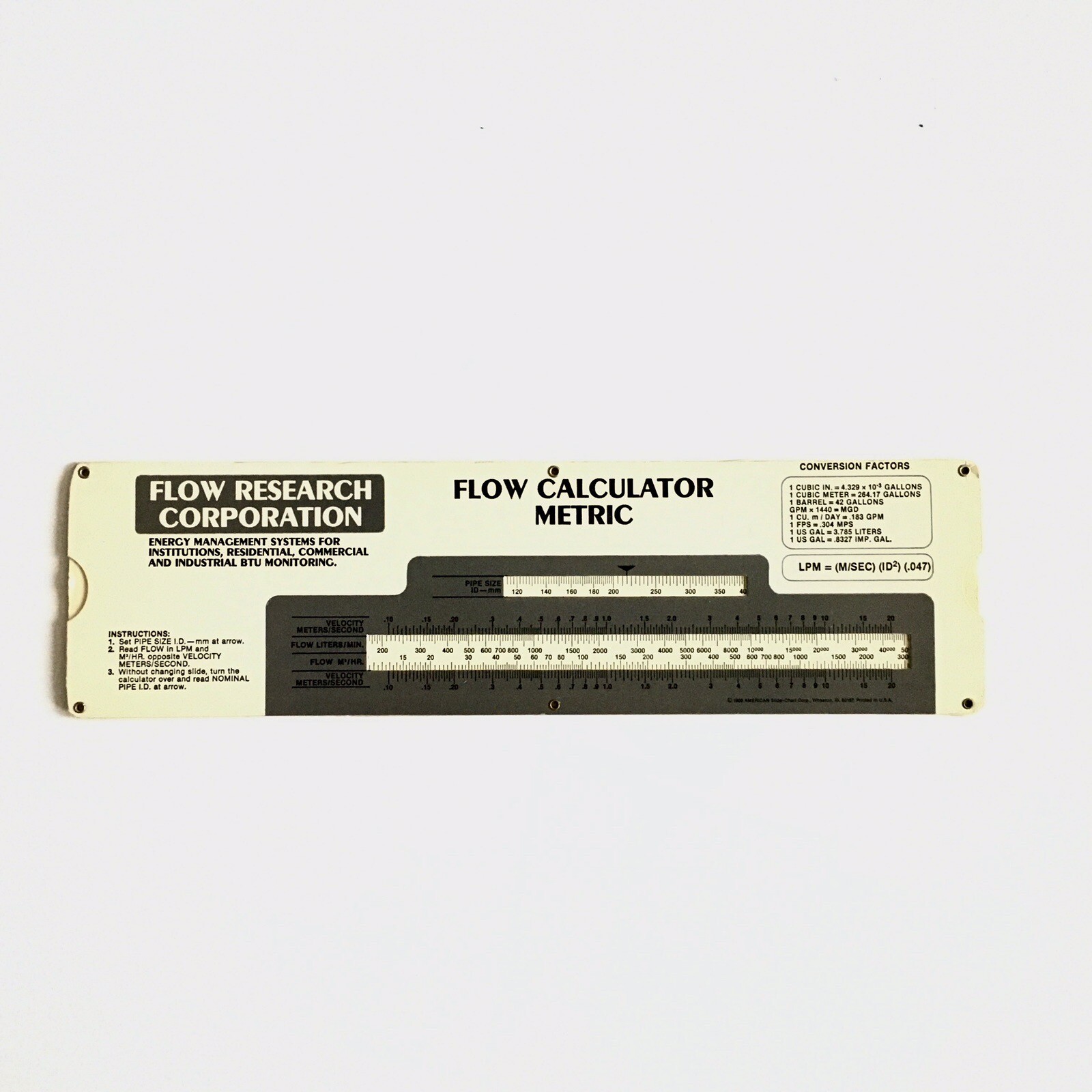 Flow Research Corporation Flow Calculator Metric for BTU Monitoring Slide Rule