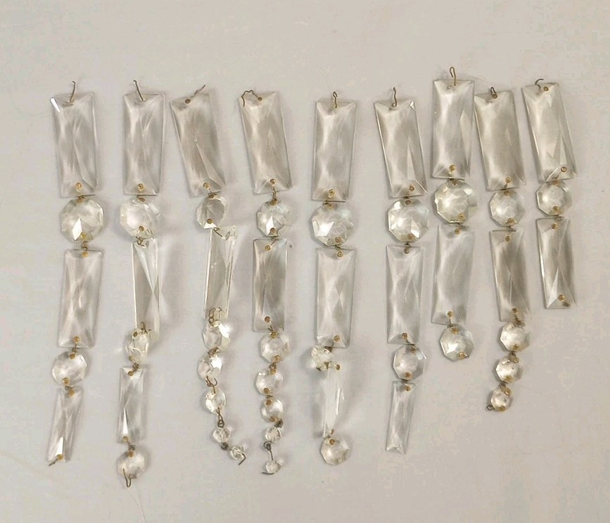 Antique lot of 9 Clear Crystal Chandelier Prism Strings 5"-10" L Replacements