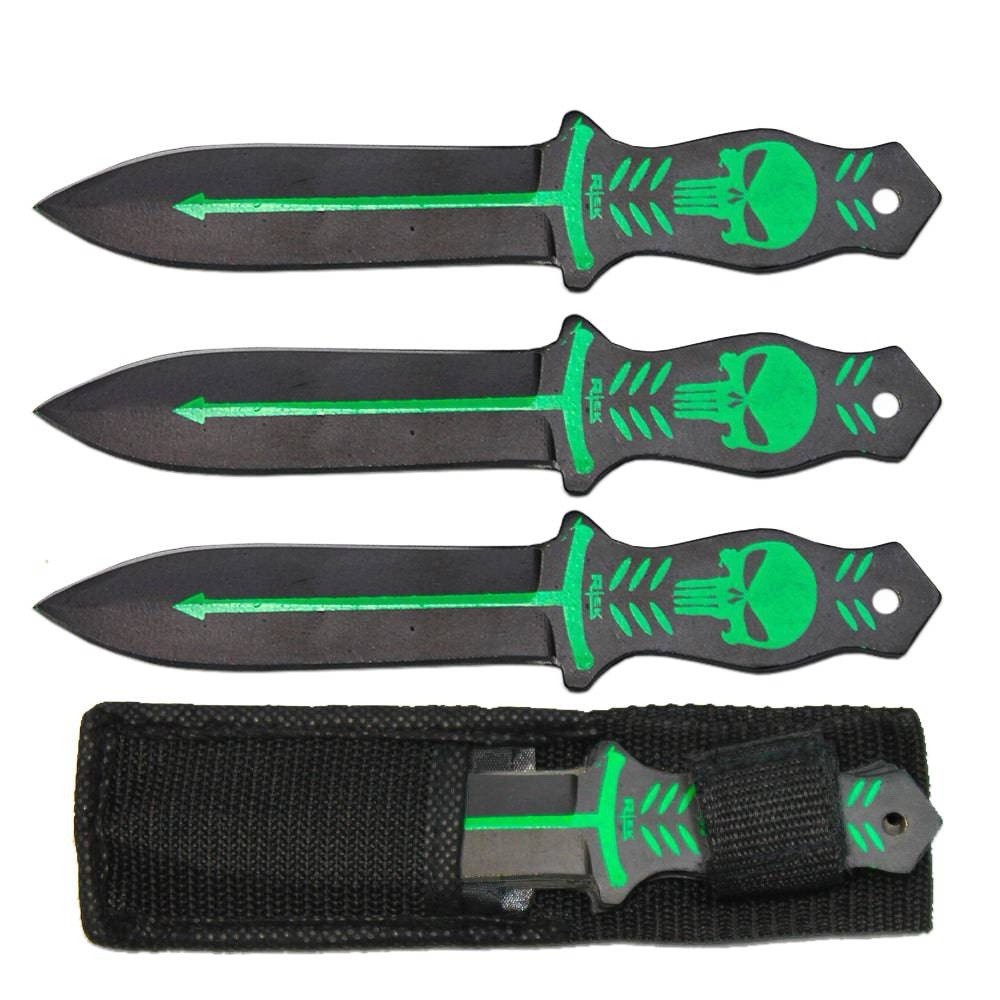 6.5" Black & Green Punisher Skull Print Throwing Knife Set with Nylon Sheath