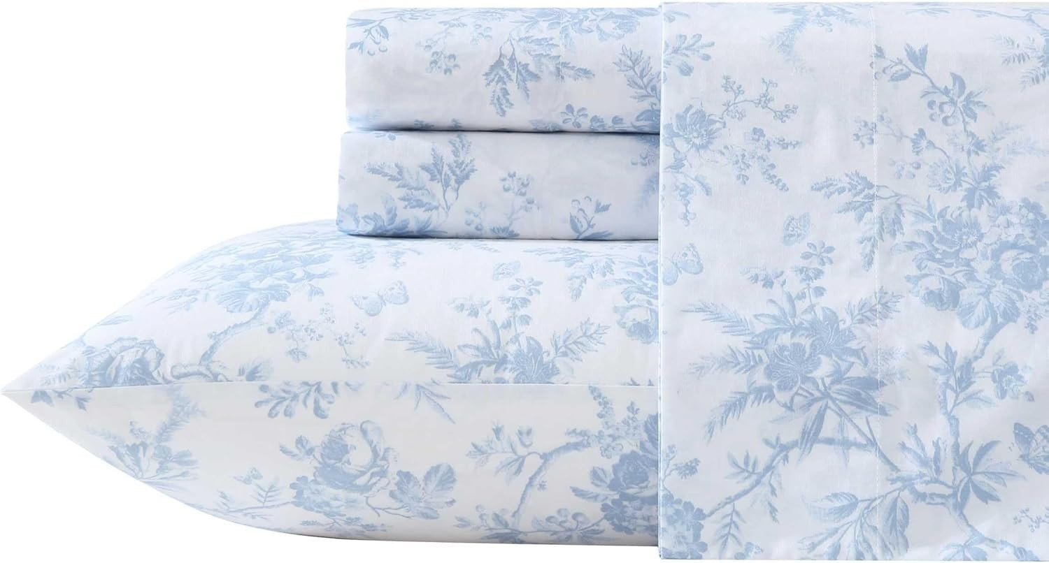 Laura Ashley - King Sheet Set, Crisp & Cool Cotton Percale Bedding with Deep Poc