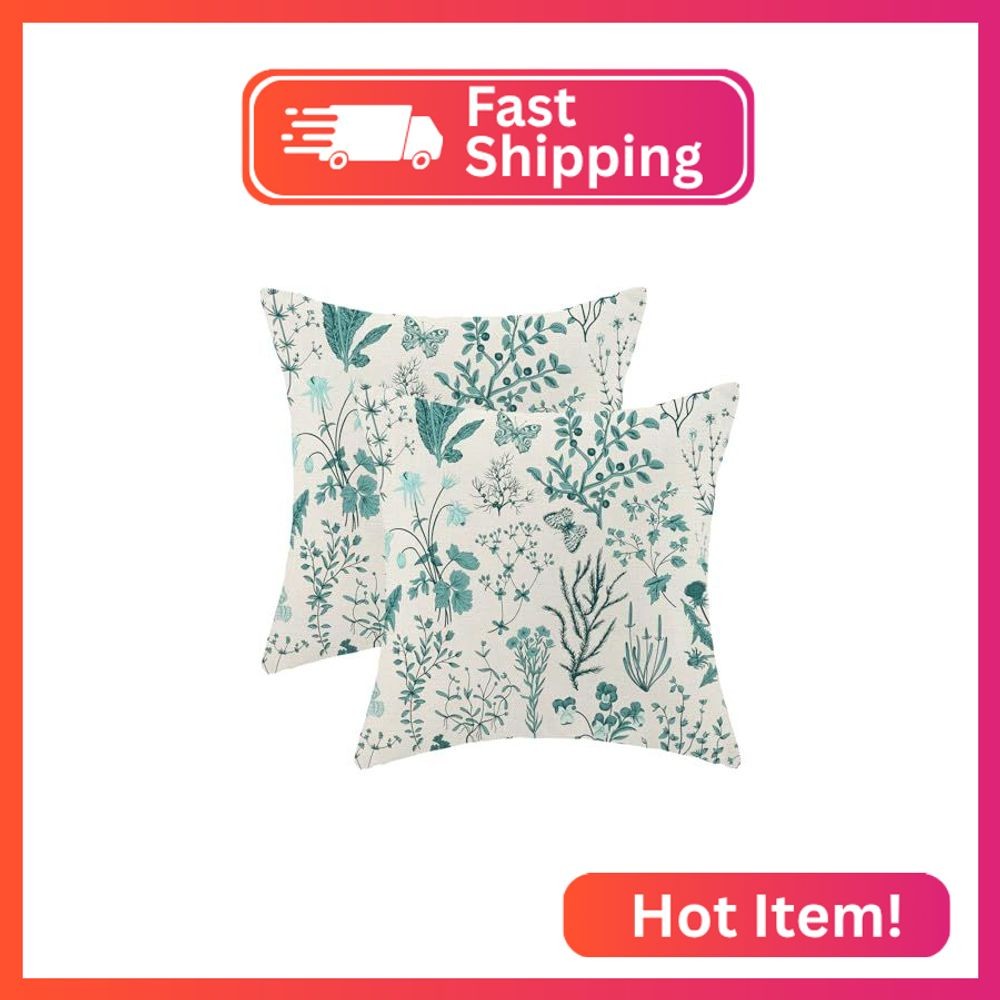 AEIOAE Summer Pillow Covers 20x20 Inch Set of 2,Teal Green Wild Flower Plant Thr