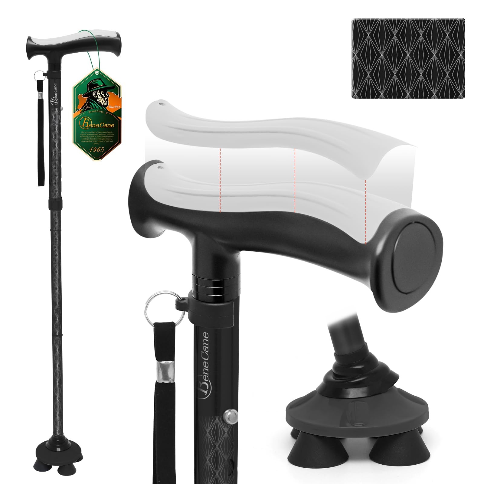 Walking Cane Men Women Seniors Folding Quad Adjustable Soft TPR THandle Bag