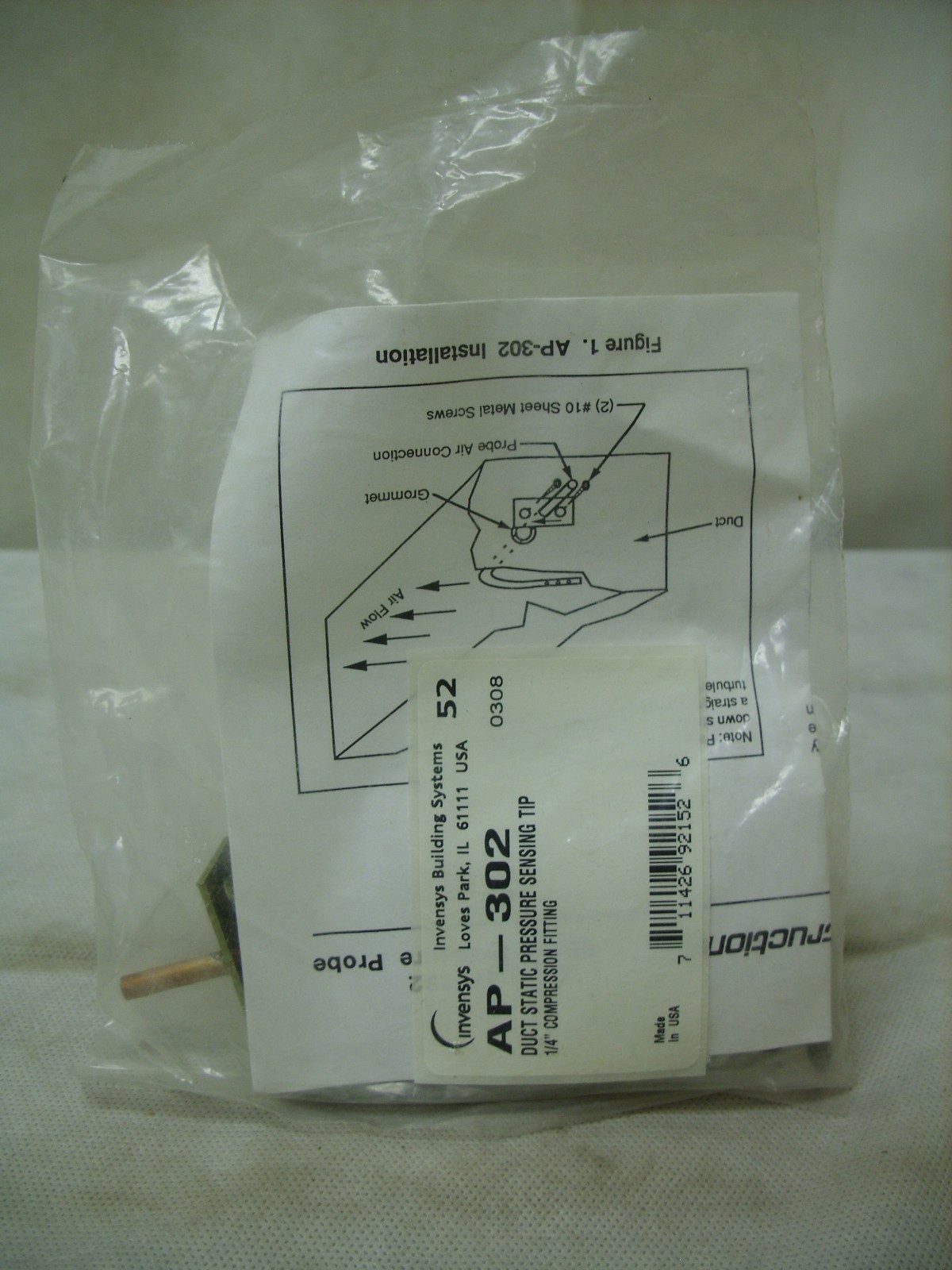 INVENSYS / BARBER COLMAN - DUCT STATIC PRESSURE SENSOR - 1/4" CONNECTION AP-302