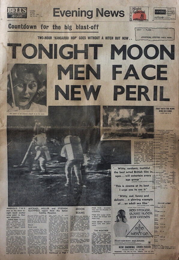 LONDON EVENING NEWS NEWSPAPER 21 JULY 1969 . MAN ON THE MOON LUNAR WALK COVER