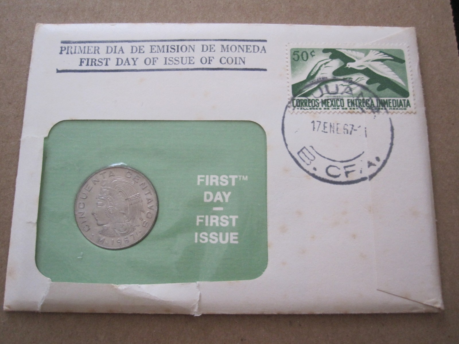 1967 MEXICO 50 CENTAVOS UNCIRCULATED COIN KM451 PNC COVER