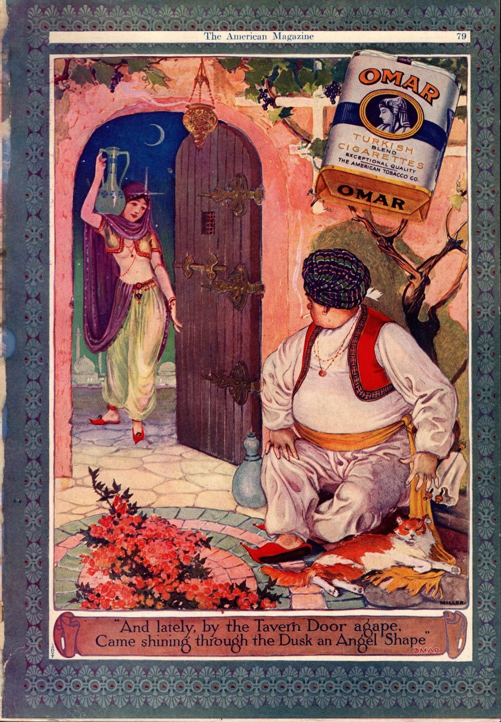 1914 Omar Original tobacco cigarette ad - Lately by the Tavern Door 2 pages