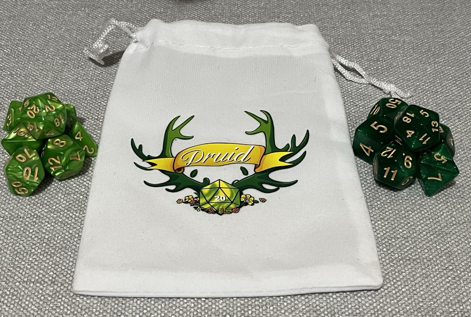 D&D Druid Dice set w/ Bag. 2 Sets of  Dice. White Bag, Green Dice.