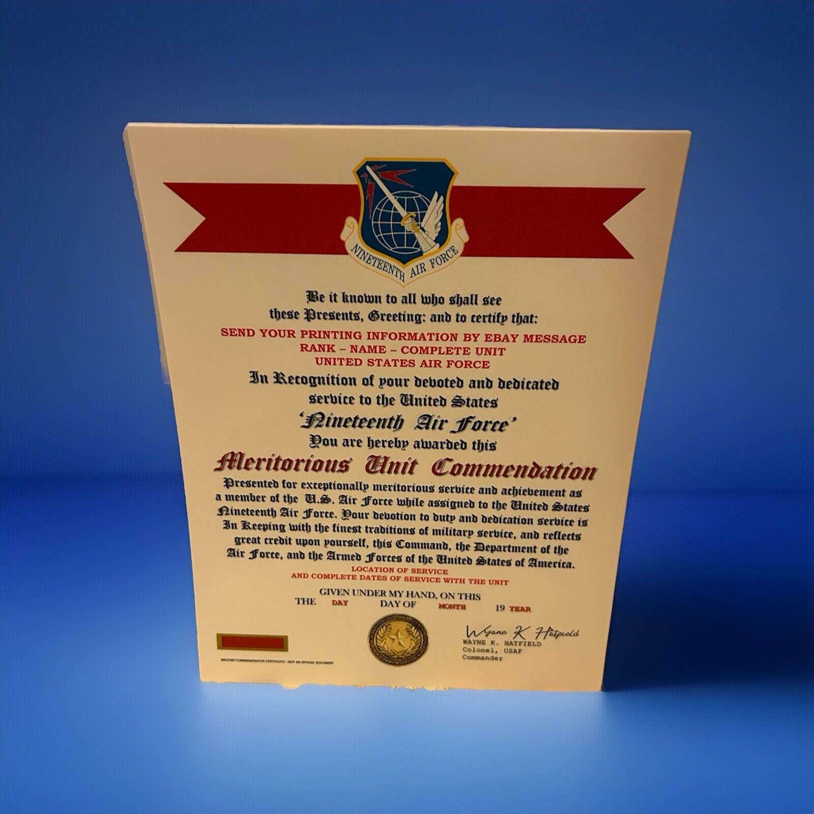 U.S. AIR FORCE / 19TH  AIR FORCE - MERITORIOUS UNIT COMMENDATION CERTIFICATE