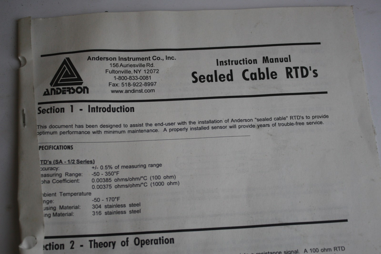 Anderson SA110041850110 SA Series Temperature Sensor