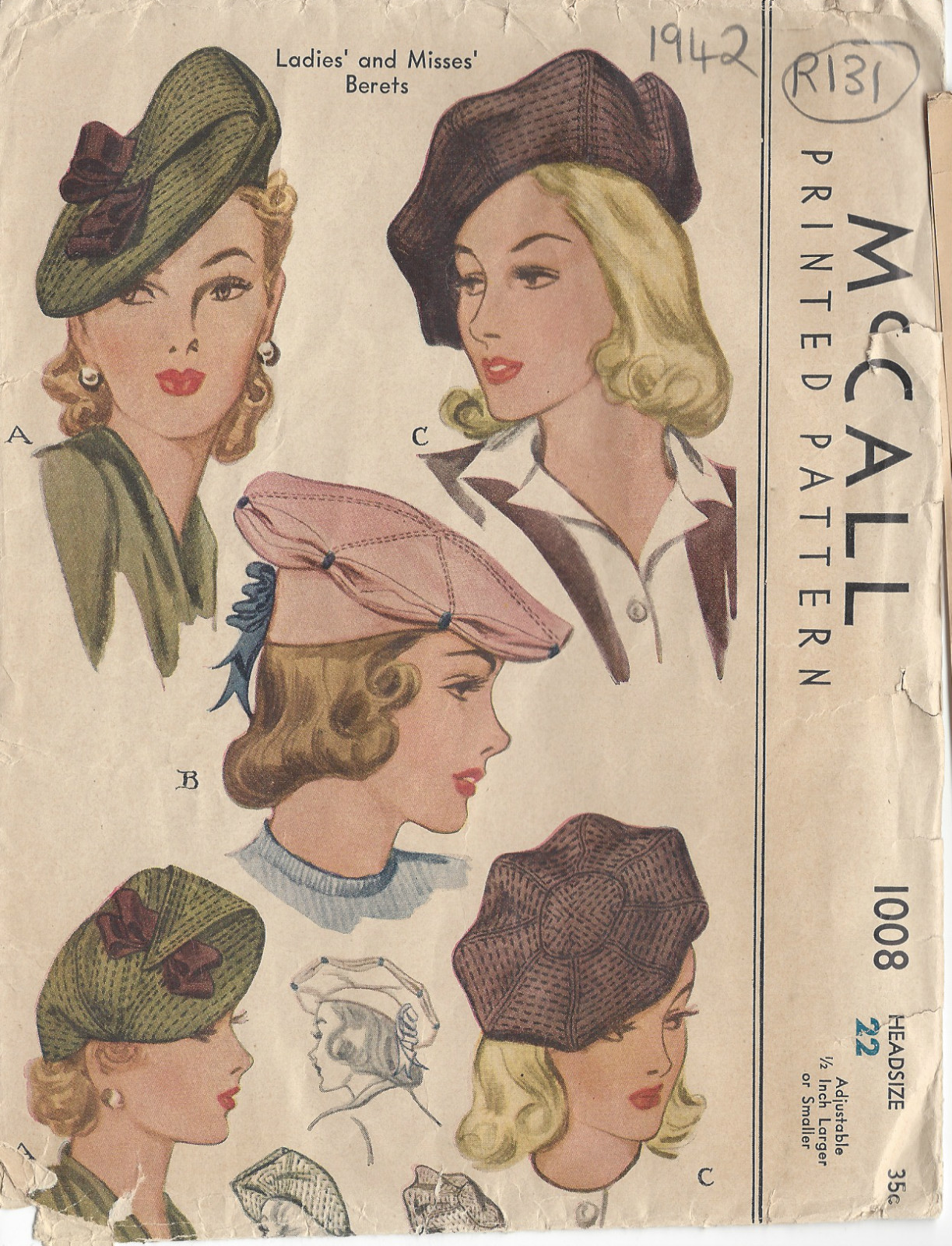 1942 WW2 Vintage Sewing Pattern HAT S22" (R131)