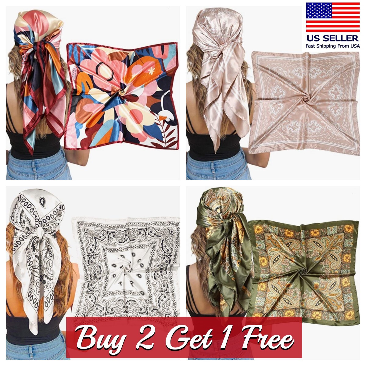 Large Silk Feel Satin Scarf Head Square Wrap Neck  Neckerchief Shawl Hair Scarf