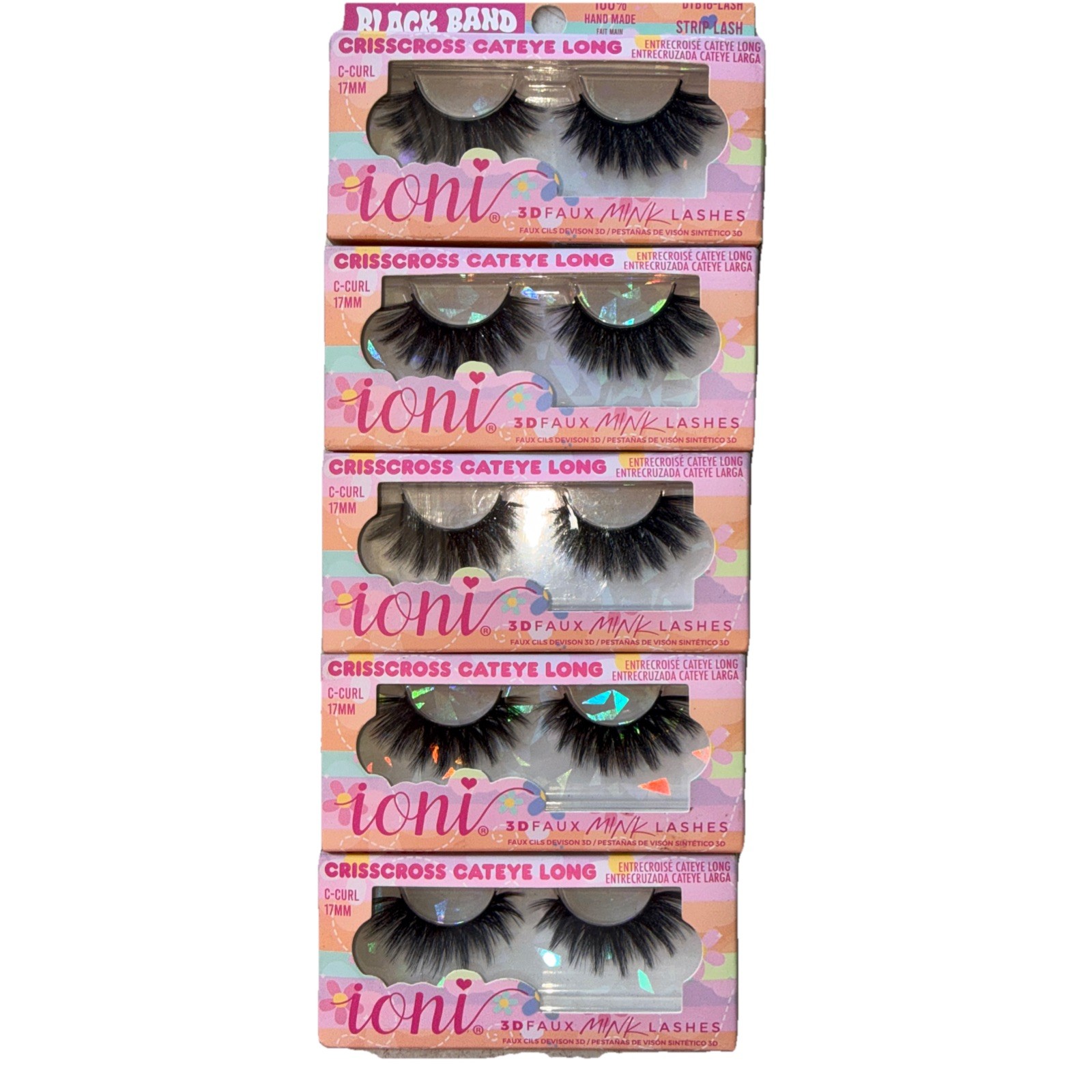Ioni 3D Faux Mink Lashes Eyelashes Blk Band Crisscross Cat-eye Long NIB LOT of 5