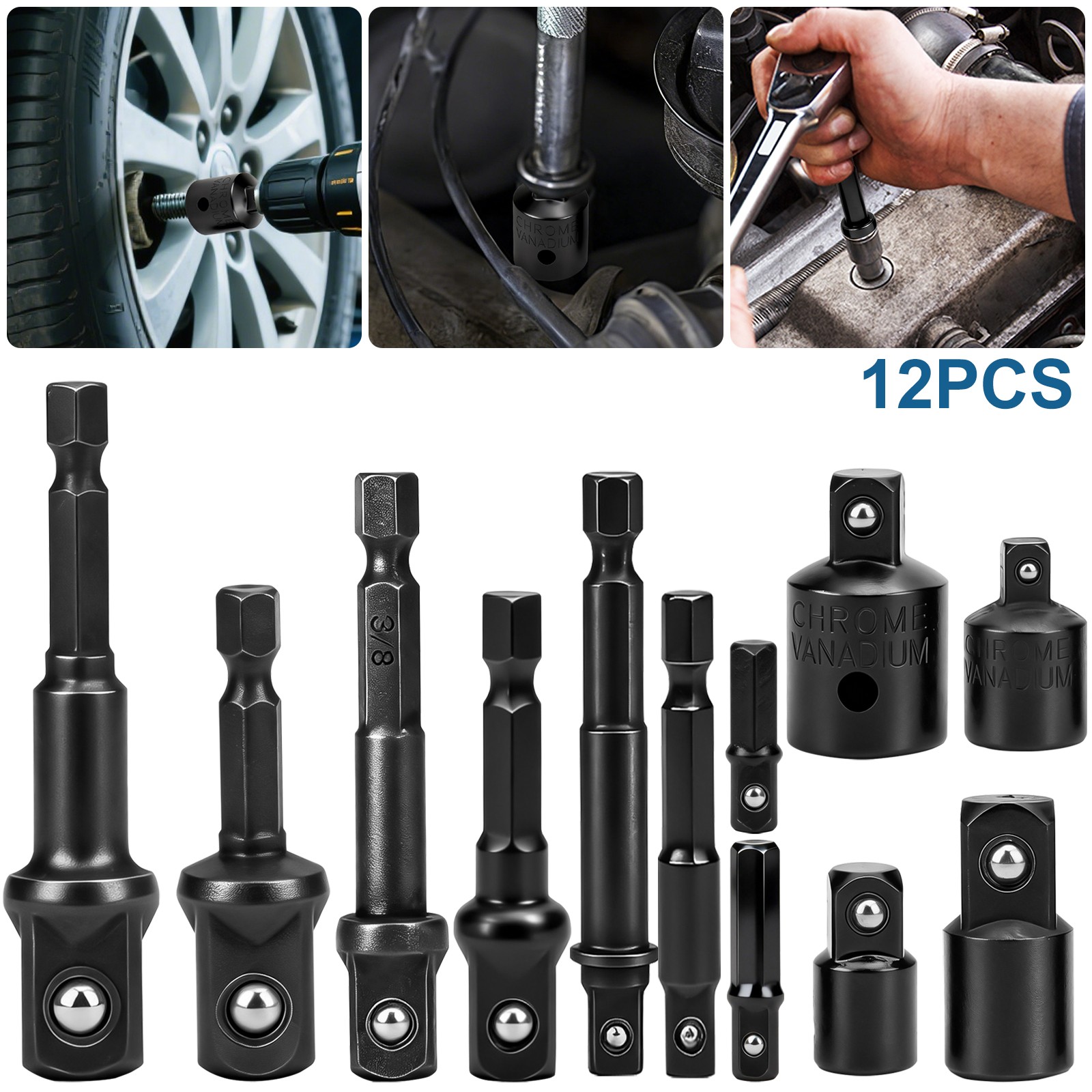 12x Impact Socket Adapter & Reducer Set 1/4 3/8 1/2" Hex Shank for Drill Driver