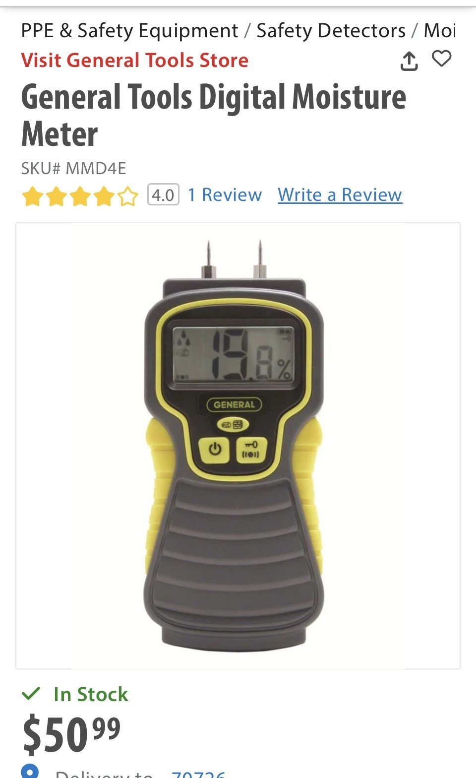 General Tools MMD4E Pin Type Digital Moisture Meter Wood Drywall