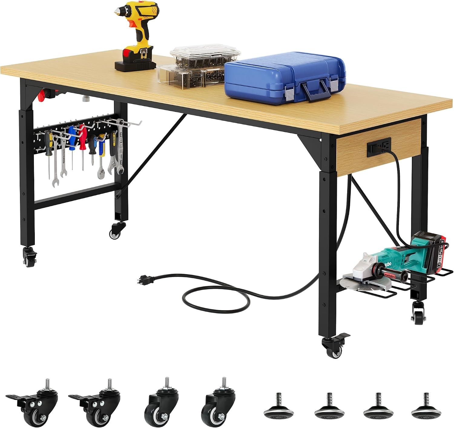 60x24 Workbench 1600lb Load Capacity with Wheels & Outlets & Hooks | Work
