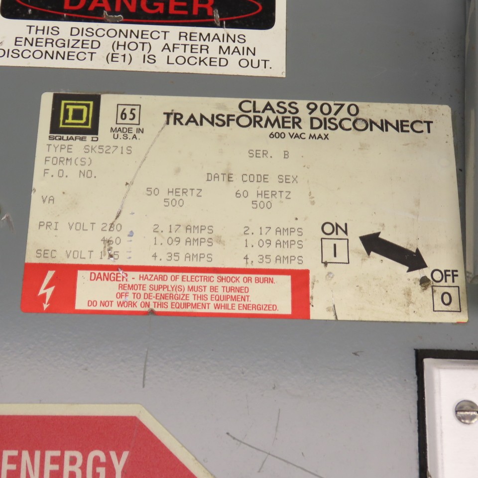 Square D SK5271S Class 9070 Transformer Disconnect Pri 230/460V Sec 115V 4.35A