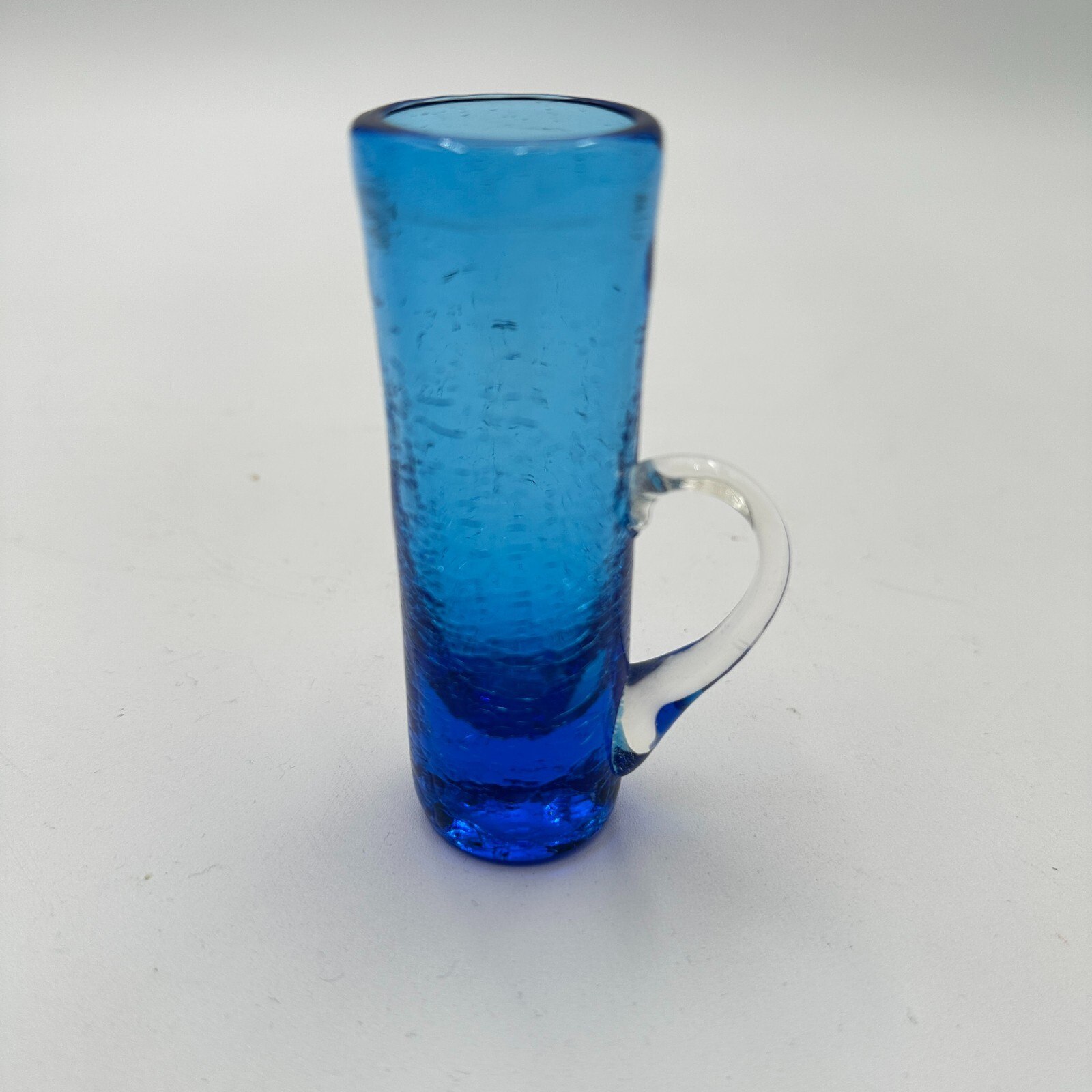 Pilgrim Art Glass Benedictine Applied Handle Tall Crackle Blue Shot Glass