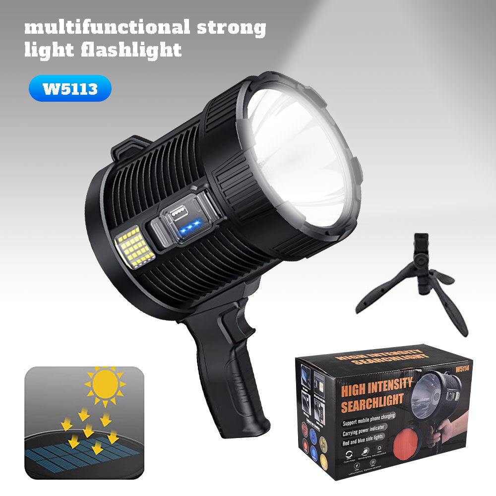 Solar Power 200000LM Super Bright LED Searchlight Spotlight USB Flashlight Light