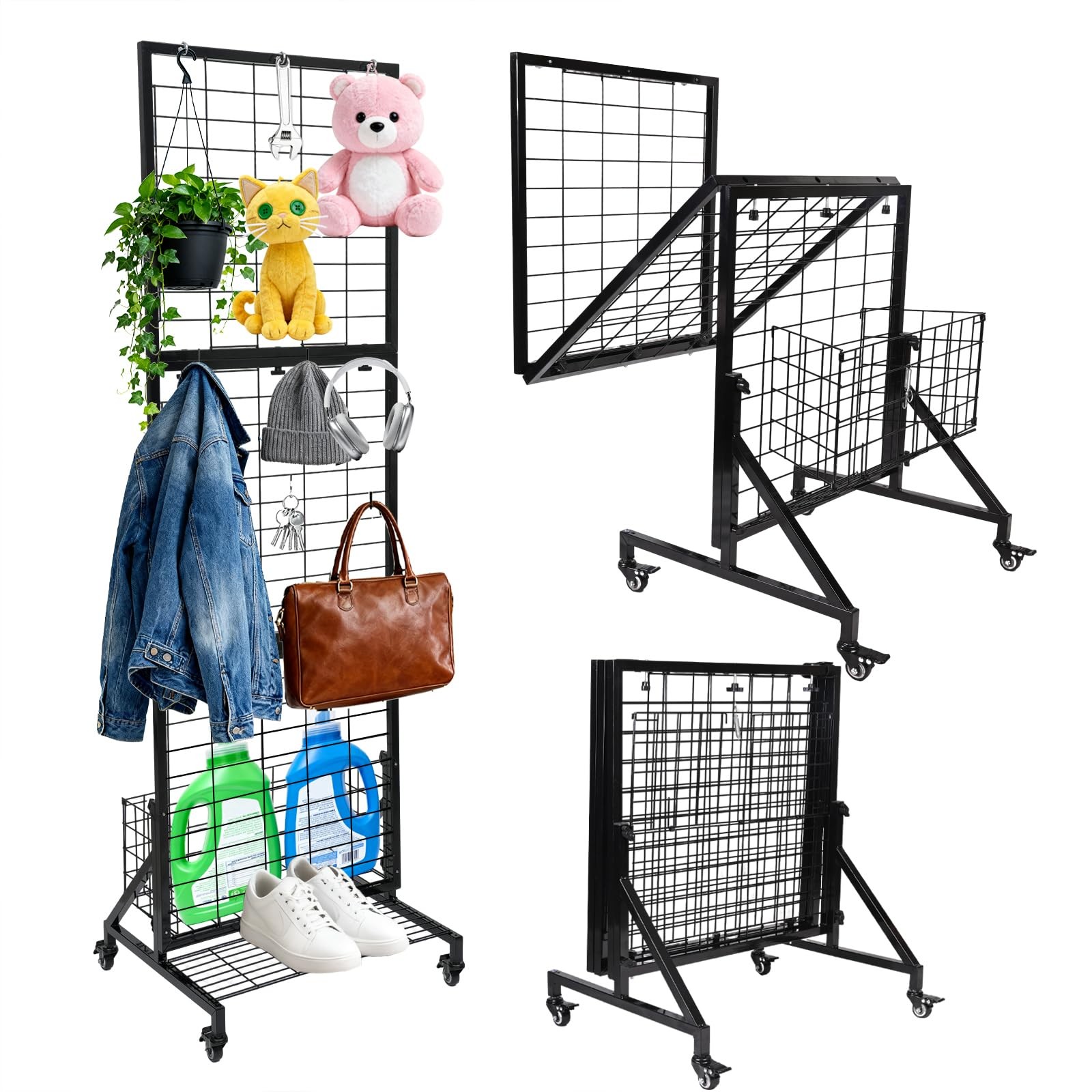 Foldable Grid Wall Panels, Gridwall Panels with Folding Baskets, Tool-Free As...