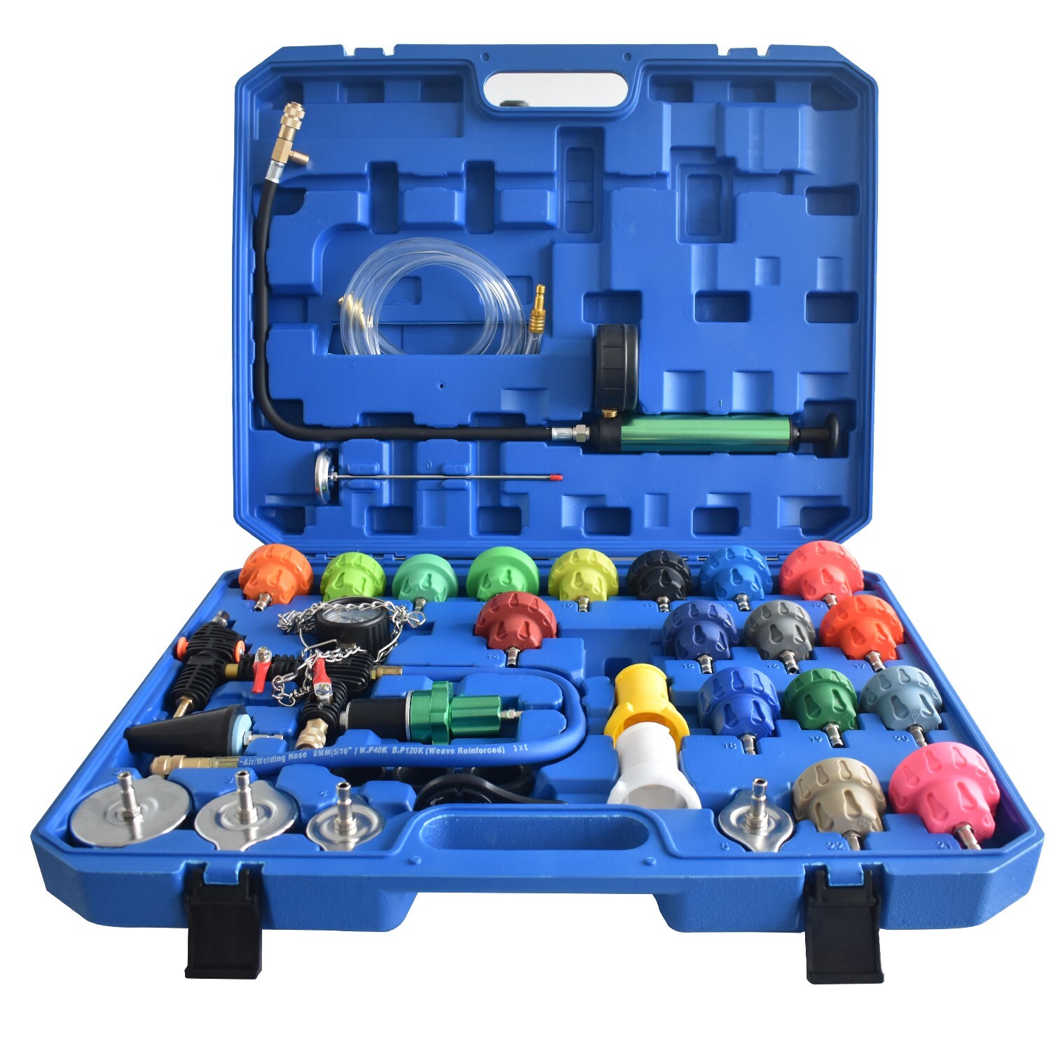34pcs,Universal heat sink pressure test Cooling system vacuum refill kit, blue