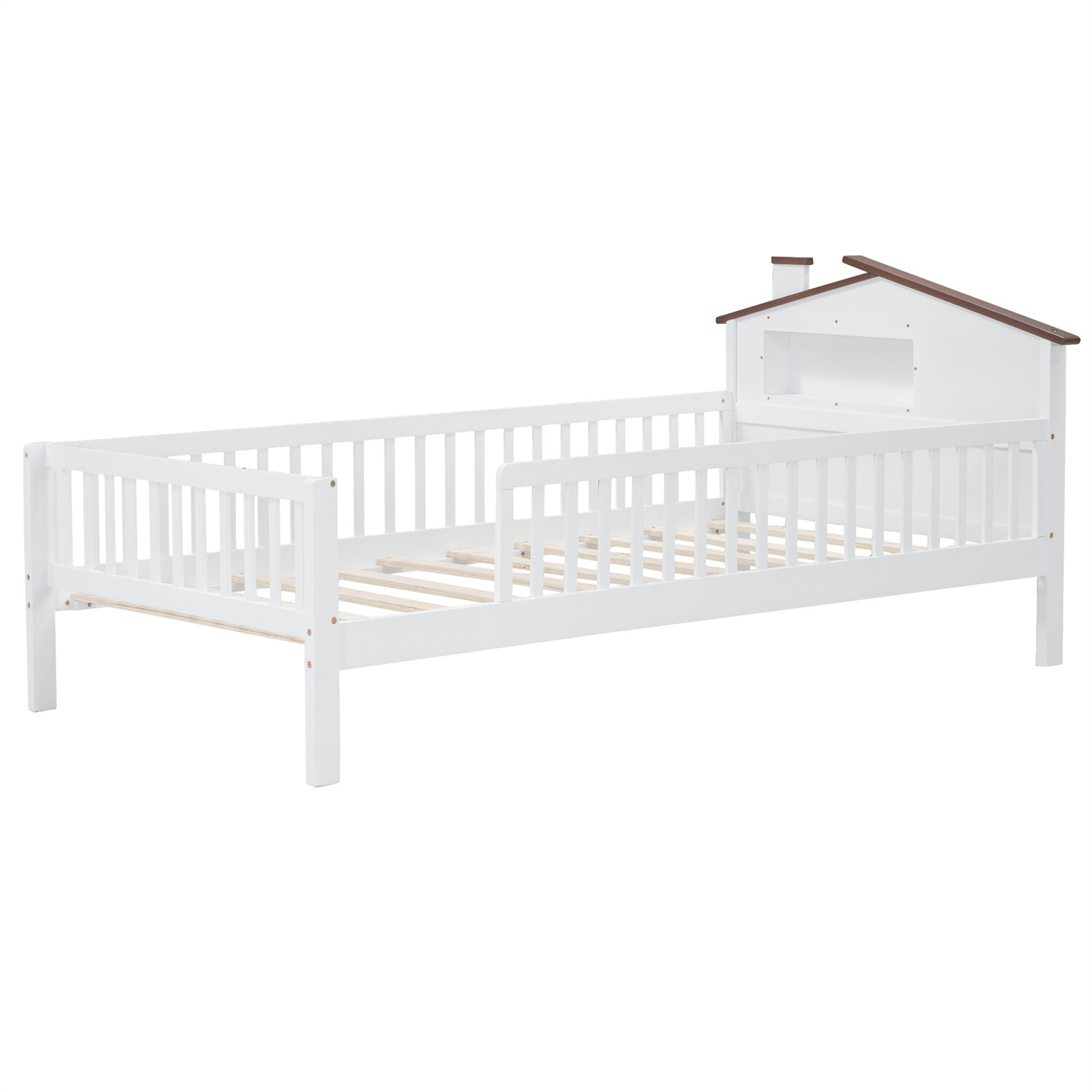 Twin/Full Size Bed Frame Wood Platform Bed with Storage Headboard White/Natural