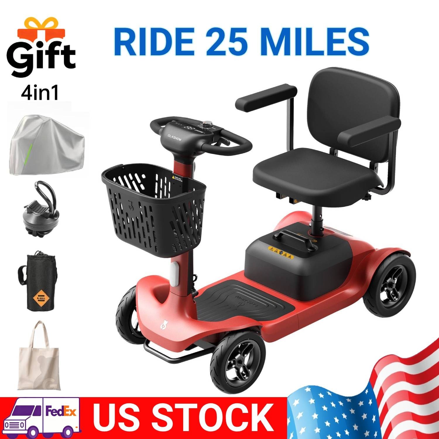 4-Wheel Mobility Scooter for Adults Seniors 25 Mile 300lbs Electric Scooter Red