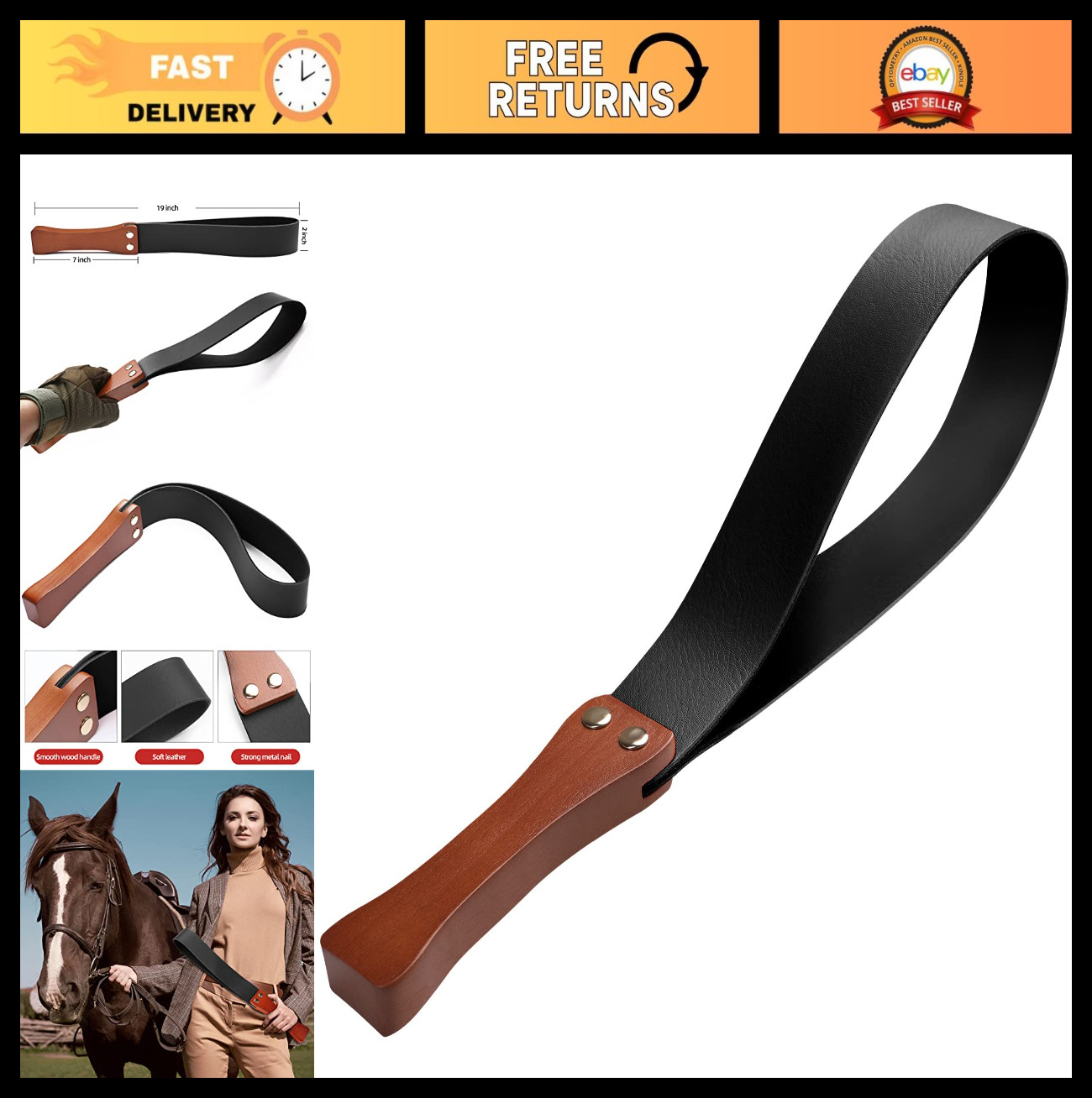 Leather Riding Crop with Anti-Slip Wooden Handle, 19" Equestrian Paddle for Hors