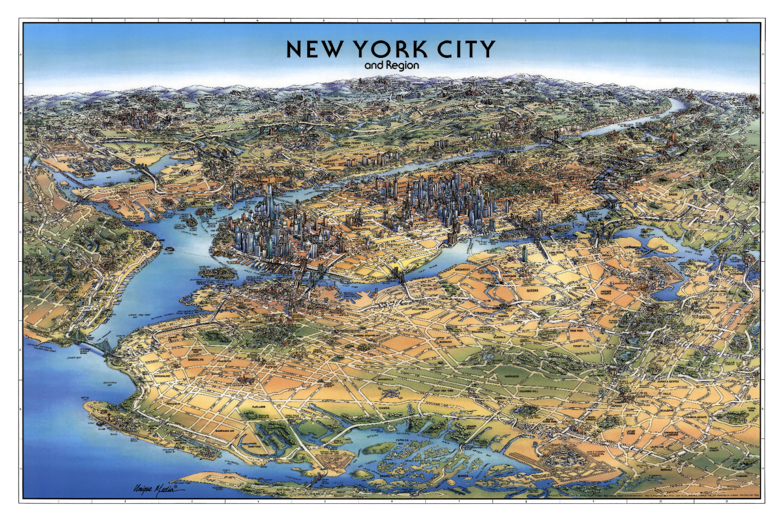 Unique Media Laminated Poster Map New York City & Region Artistic Illustration