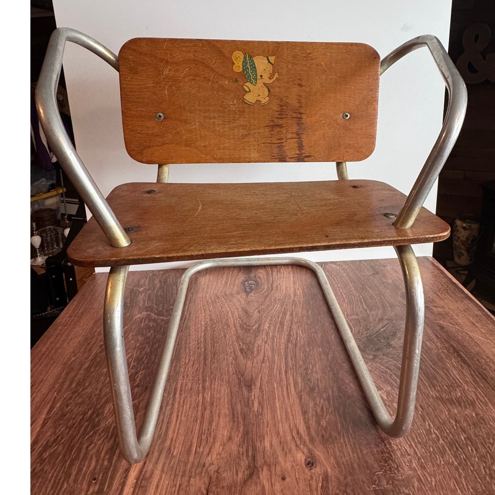 Vintage Childs Wooden Metal Chair With Elephant Decal
