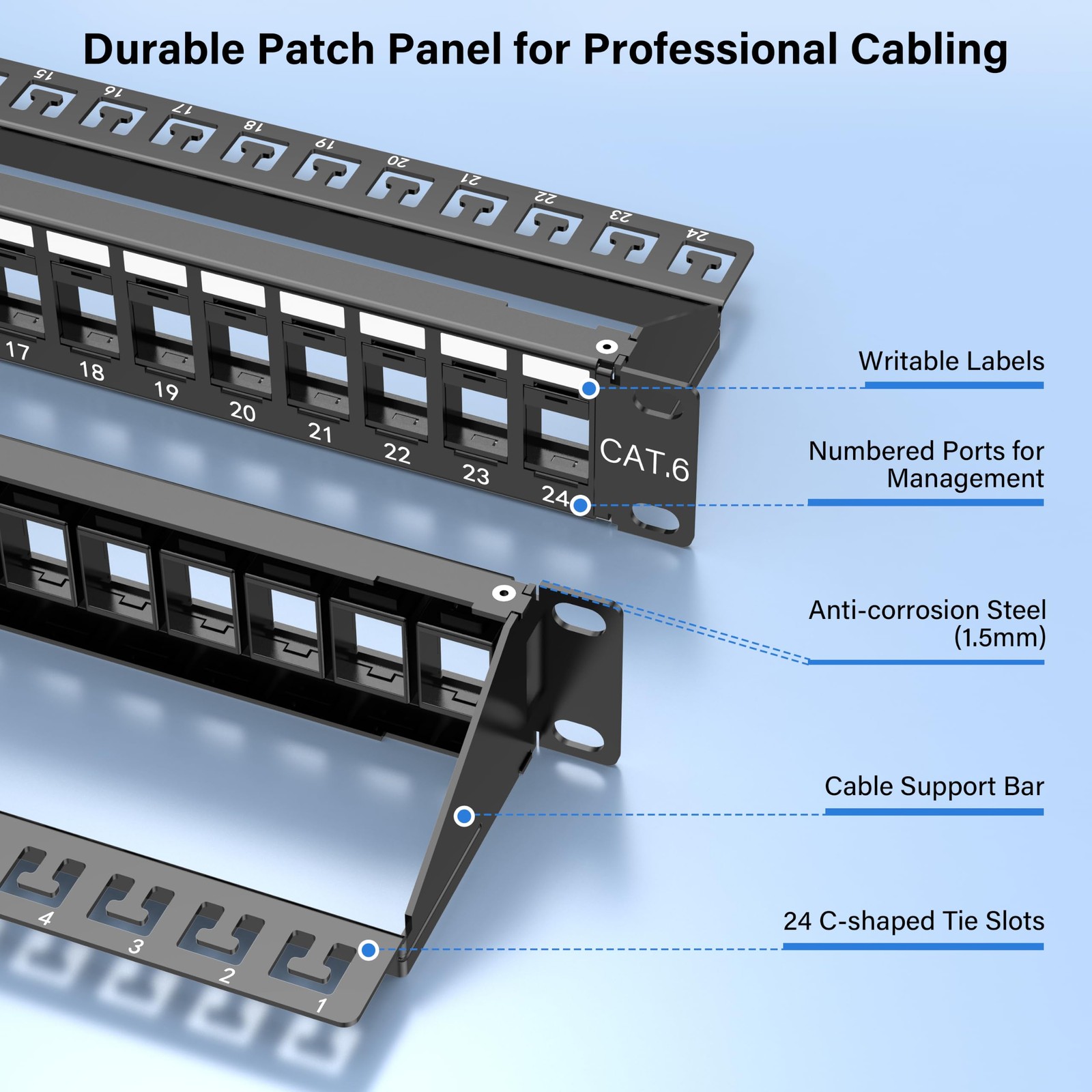 1U 24 Port 10Gbps Blank Patch Panel with Cable Management & Back Bar