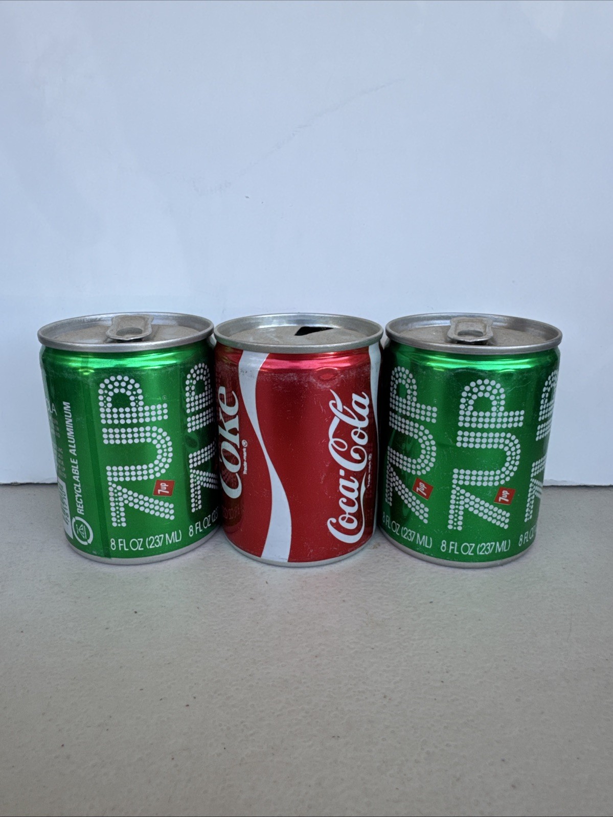 Lot Of 3 Vintage Soda Can 7-up Coca Cola Coke 8oz Empty Top Open