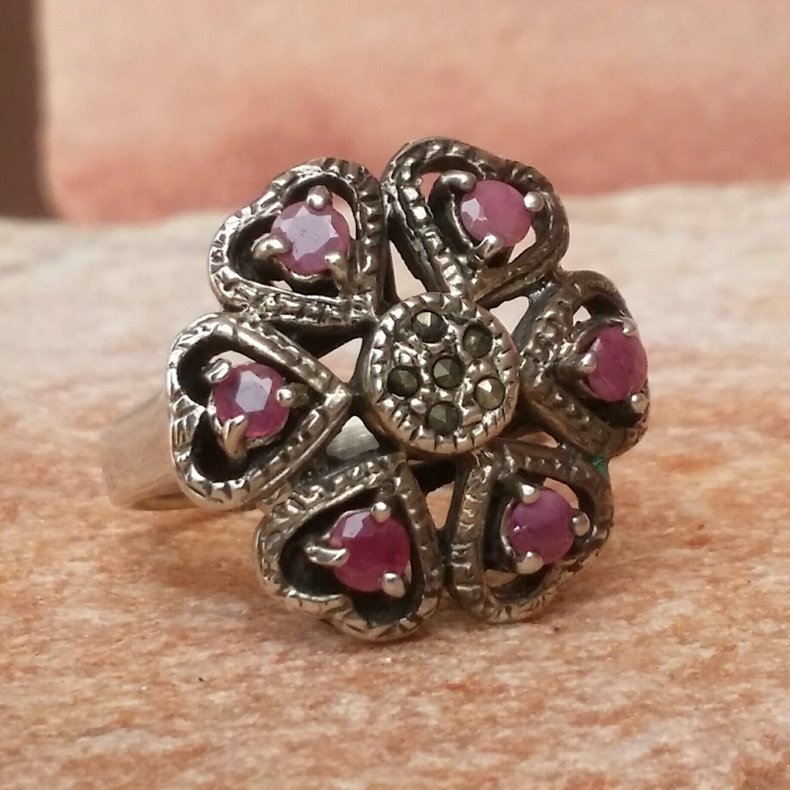 925 SILVER RING women's SOLITAIRE SEAL ruby pink flower