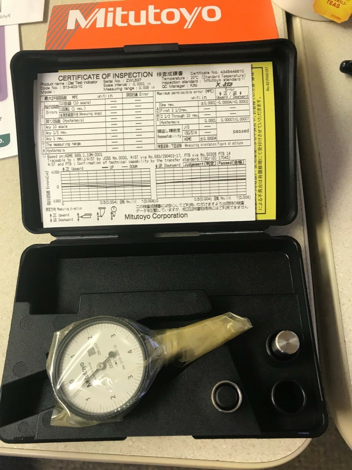 Mitutoyo 513-403-10E Dial Test Indicator, .008" Range, .0001" Graduation - NEW