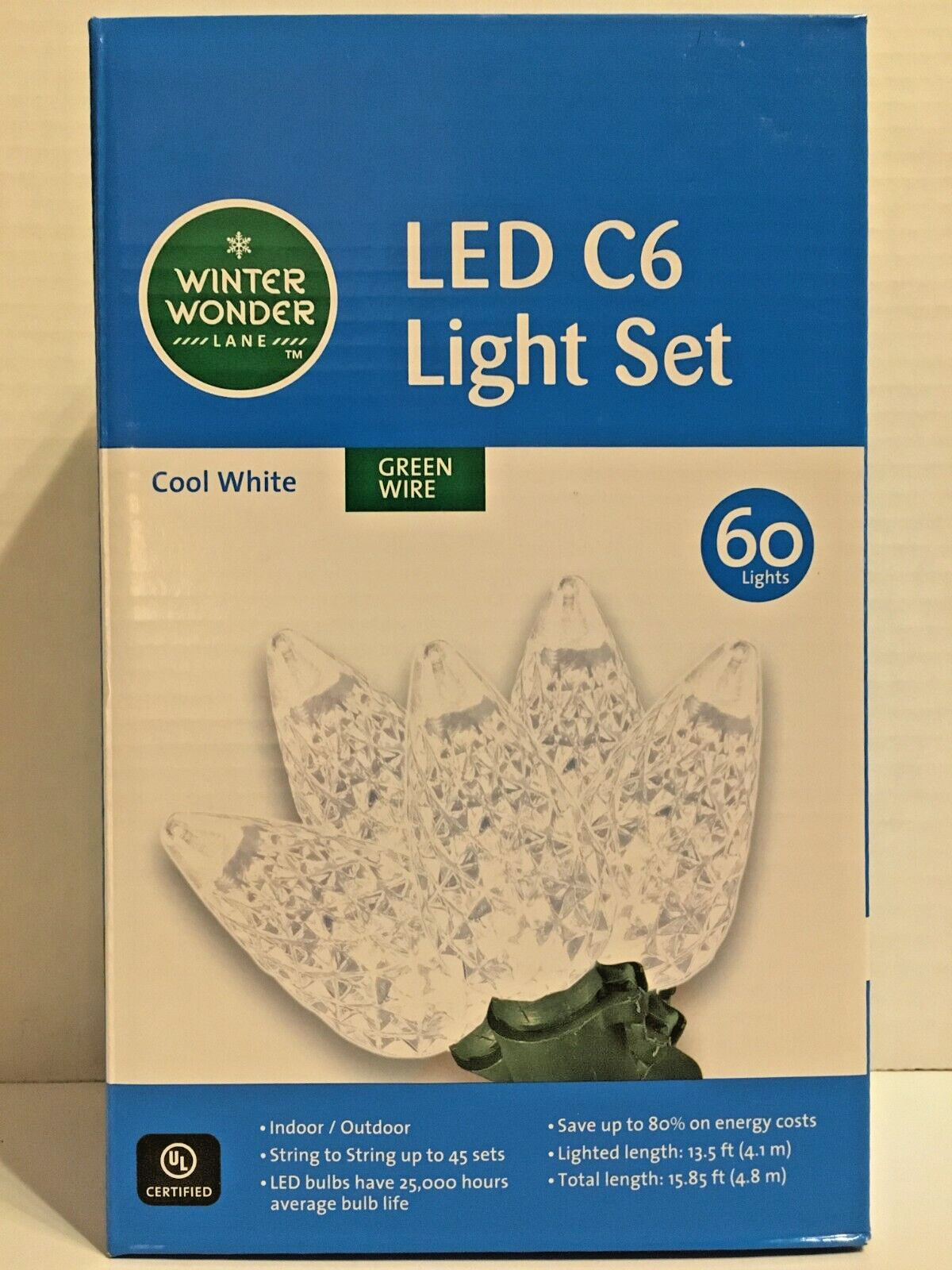 Winter Wonder Lane 60 LED Cool White Faceted C6 Lights Green Wire Indoor/Outdoor