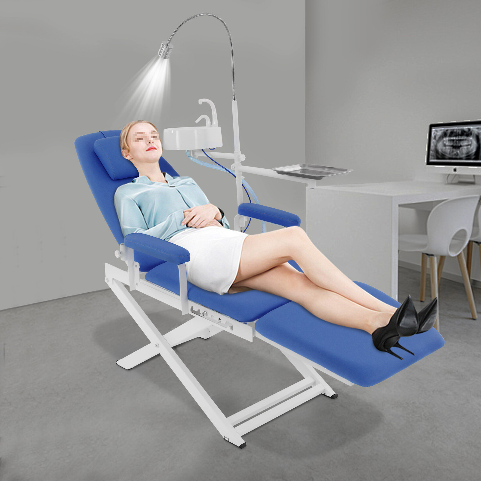 Portable Folding Mobile Dental Chair with LED Light & Waste Basin, Blue