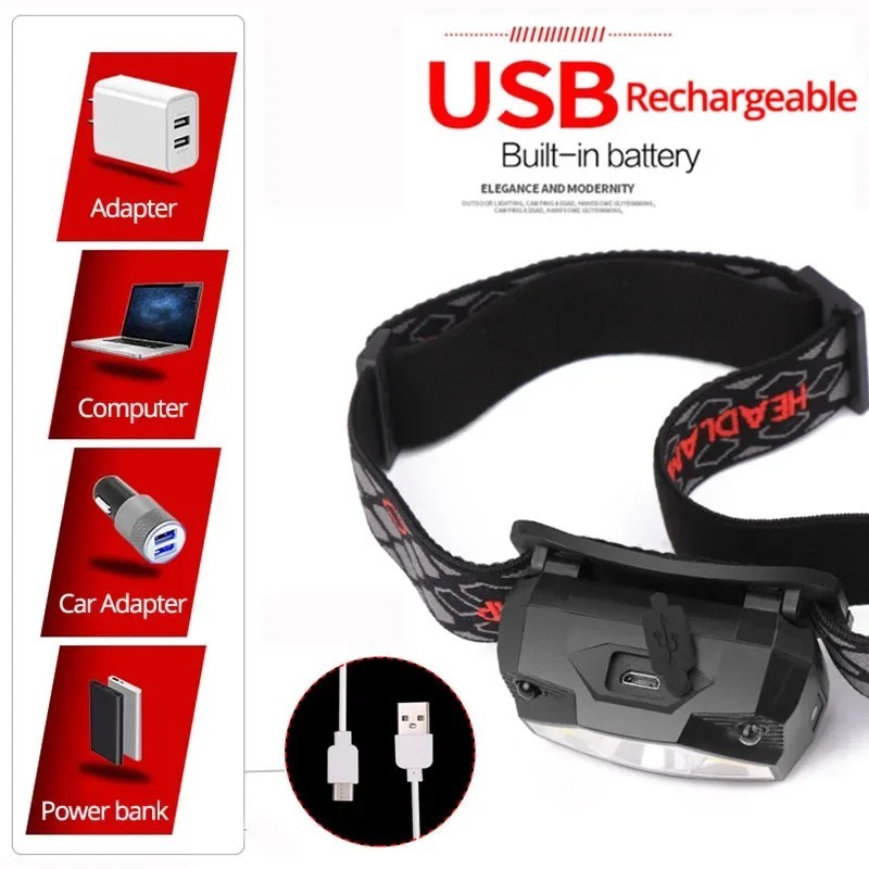 1x Headlamp COB LED Rechargeable Headlight Torch Work Light Bar Head Band USB