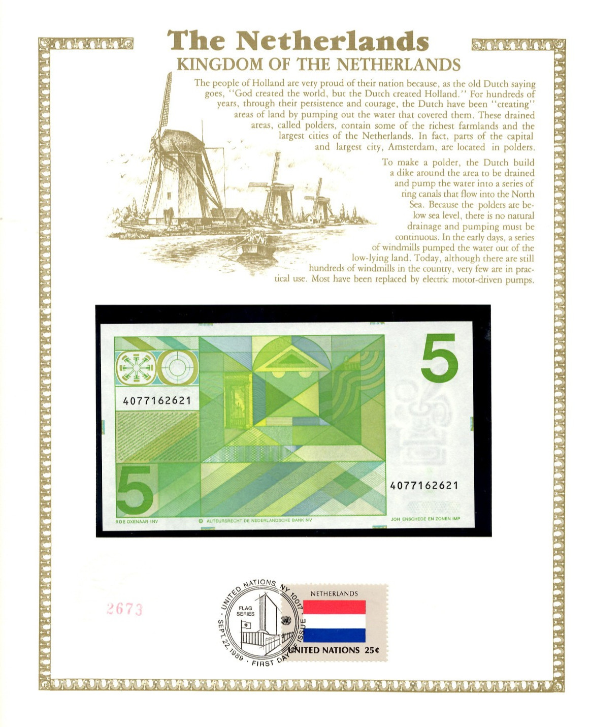 Netherlands 5 Gulden P 95 1973 UNC w/UN FDI FLAG STAMP 4077162621