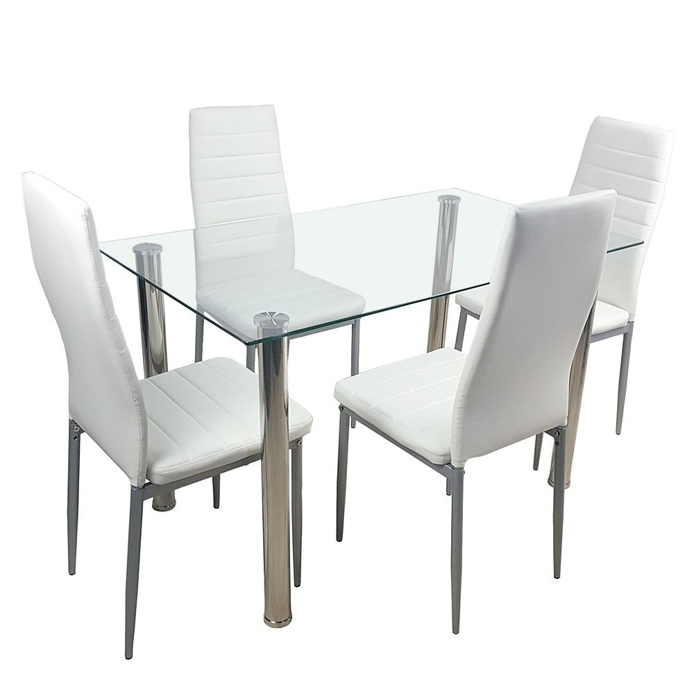 5pcs/set Dining Table Set Kitchen Tempered Glass Dining Table with 4Chairs White